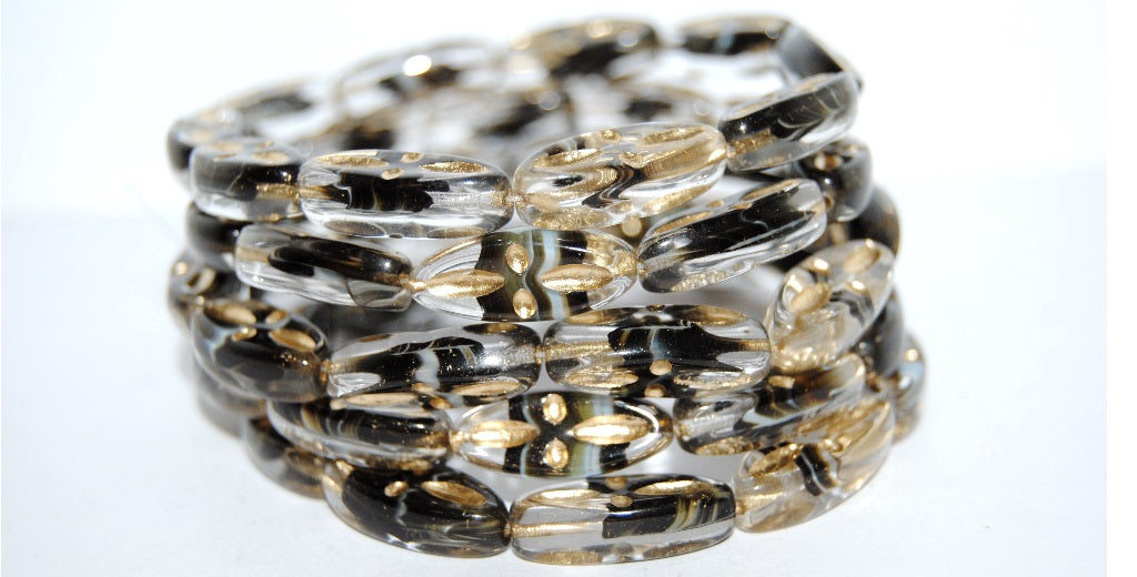 Boat Oval Pressed Glass Beads With Decor, (Kuba 2 54202), Glass, Czech Republic