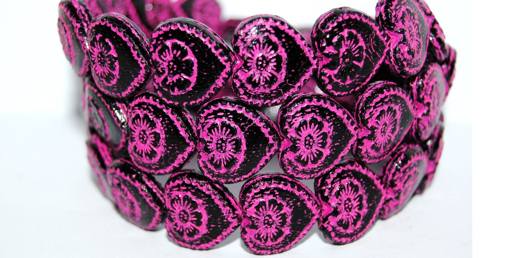 Heart With Flower Pressed Glass Beads, Black 46470 (23980 46470), Glass, Czech Republic