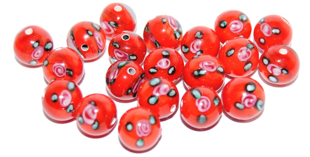 Czech Glass Hand Made Round Lampwork Beads With Flower, (10 A), Glass, Czech Republic