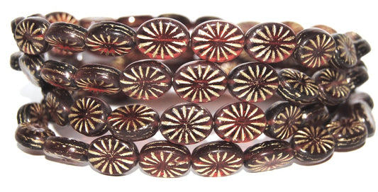 Flat Oval Pressed Glass Beads With Rays, Transparent Red 54202 (90060 54202), Glass, Czech Republic