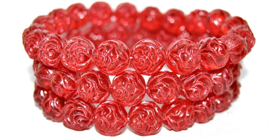 Round Rose Pressed Glass Beads, Transparent Red 43808 (90060 43808), Glass, Czech Republic