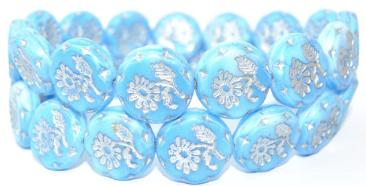 Round Flat With Flower Marguerite Pressed Glass Beads, (7624 54201), Glass, Czech Republic
