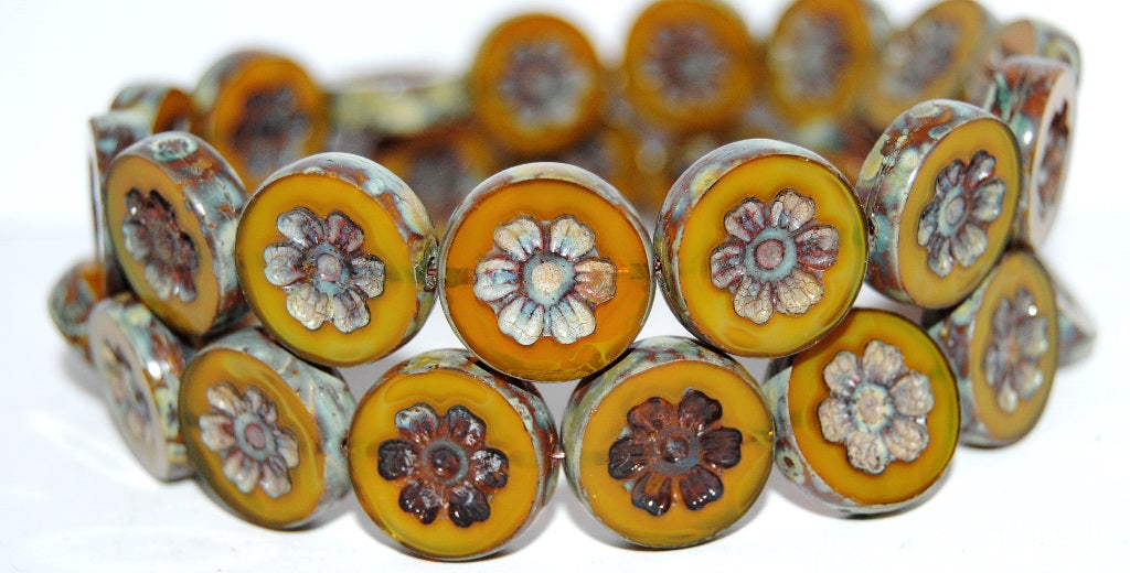 Table Cut Round Beads With Flower, Opal Yellow 66800 (81210 66800), Glass, Czech Republic