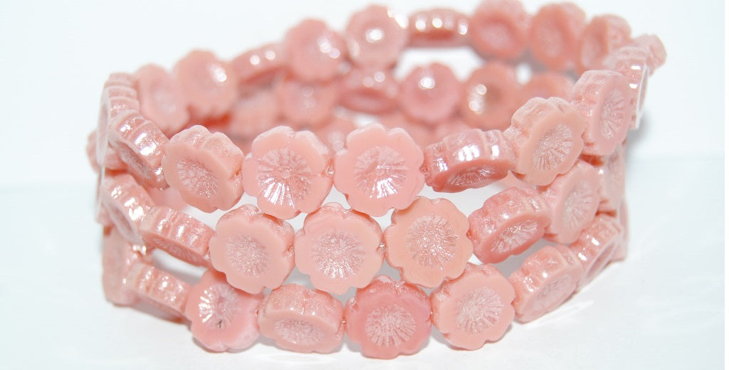 Table Cut Round Beads Hawaii Flowers, Opaque Pink Hematite (74010 14400), Glass, Czech Republic