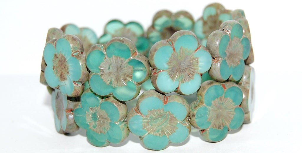 Table Cut Flower Beads Hibiscus, 21 Opal Aqua 43400 (21 61100 43400), Glass, Czech Republic