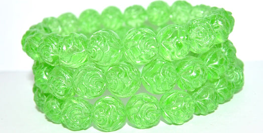 Round Rose Pressed Glass Beads, Transparent Green 43813 Uranium (50800 43813 Uranium), Glass, Czech Republic