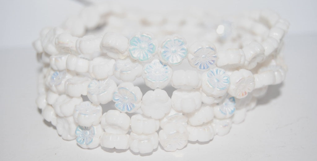 Hawaii Flower Pressed Glass Beads, Chalk White Ab (3000 Ab), Glass, Czech Republic
