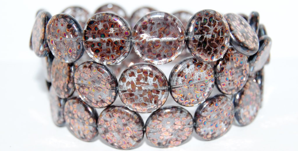 Flat Round Coin Pressed Glass Beads, Transparent Blue Flower Batika (30020 Flower Batika), Glass, Czech Republic