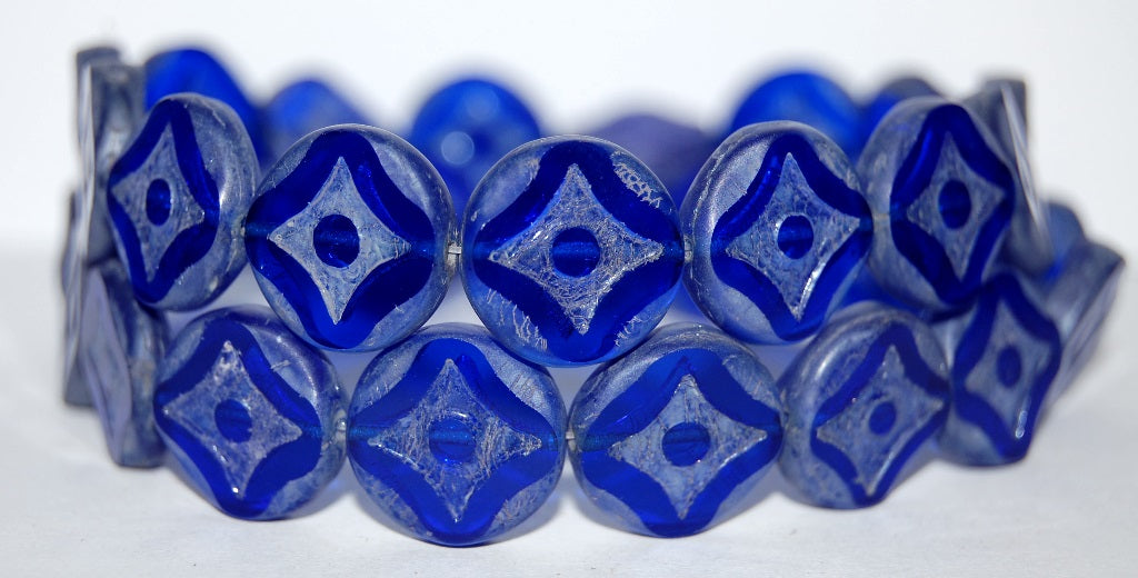 Table Cut Round Beads With Star, Transparent Blue Luster Cream (30060 14401), Glass, Czech Republic