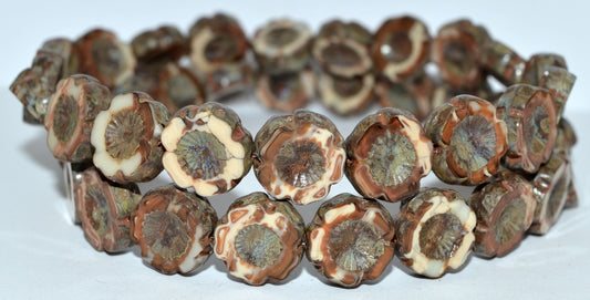 Table Cut Round Beads Hawaii Flowers, (Brown 43400), Glass, Czech Republic