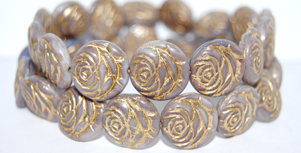 Round Flat Rose Flower Pressed Glass Beads, (7224 54202), Glass, Czech Republic