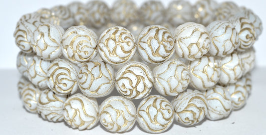 Round Rose Pressed Glass Beads, White 54202 (2010 54202), Glass, Czech Republic