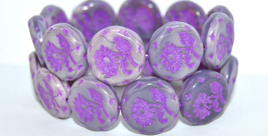 Round Flat With Flower Marguerite Pressed Glass Beads, (21350 46420), Glass, Czech Republic