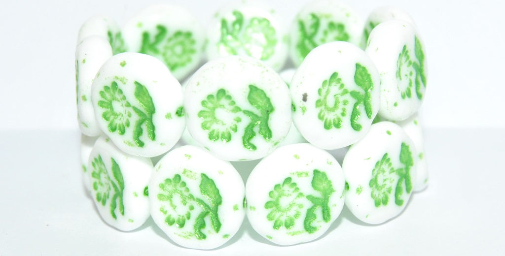 Round Flat With Flower Marguerite Pressed Glass Beads, White 43813 Metalic (2010 43813 Metalic), Glass, Czech Republic