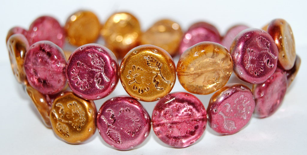 Round Flat With Flower Marguerite Pressed Glass Beads, 48209 (48209), Glass, Czech Republic