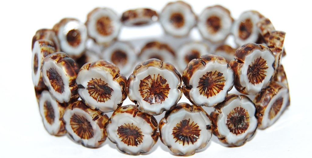 Table Cut Round Beads Hawaii Flowers, 46016B Travertin (46016B 86800), Glass, Czech Republic