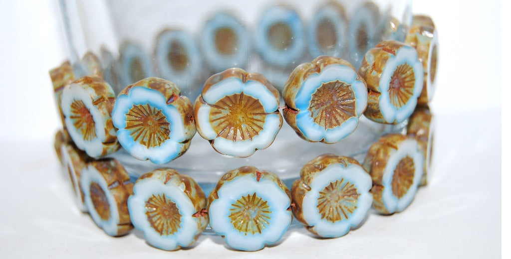 Table Cut Round Beads Hawaii Flowers, 7624 Travertin (7624 86800), Glass, Czech Republic