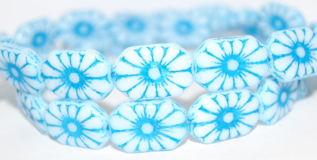 Rounded Rectangle With Flower Pressed Glass Beads, White 46460 (2010 46460), Glass, Czech Republic