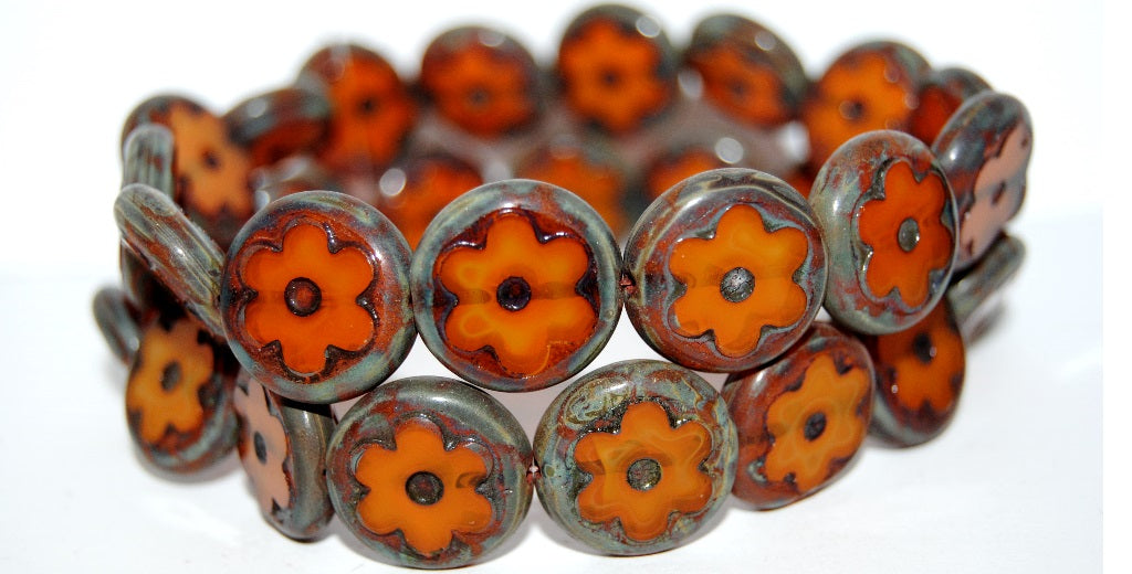 Table Cut Round Beads With Flower, 81260 Travertin (81260 86800), Glass, Czech Republic