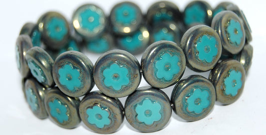 Table Cut Round Beads With Flower, Opal Aqua Luster Red Full Coated (61100 14495), Glass, Czech Republic