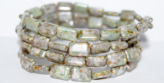 Rectangle Pressed Glass Beads, Chalk White Senegal Green (3000 15657), Glass, Czech Republic