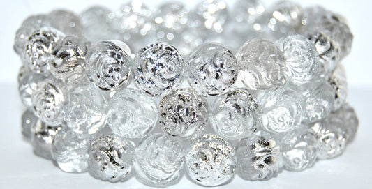 Round Rose Pressed Glass Beads, Crystal Crystal Silver Half Coating (30 27001), Glass, Czech Republic