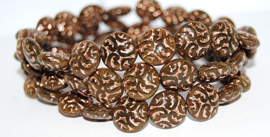 Lentil Round With Ornament Brain Pressed Glass Beads, (16617B 54200), Glass, Czech Republic