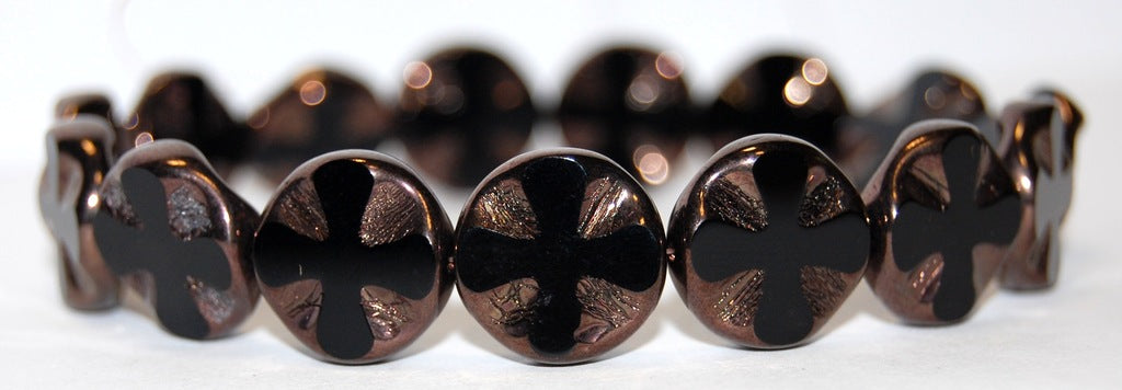 Table Cut Round Beads With Cross, Black Bronze (23980 14415), Glass, Czech Republic