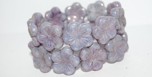 Round Flower Hibiskus Pressed Glass Beads, White Purple (2010 15726), Glass, Czech Republic