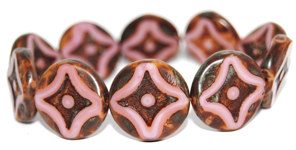 Table Cut Round Beads With Star, Opaque Pink Travertin (73010 86800), Glass, Czech Republic