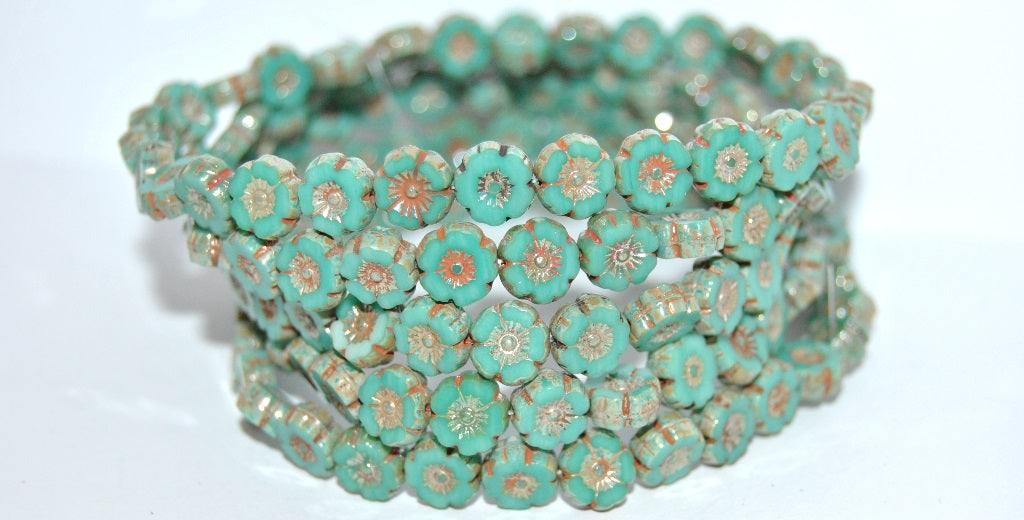 Table Cut Round Beads Hawaii Flowers, Turquise 43400 (63140 43400), Glass, Czech Republic