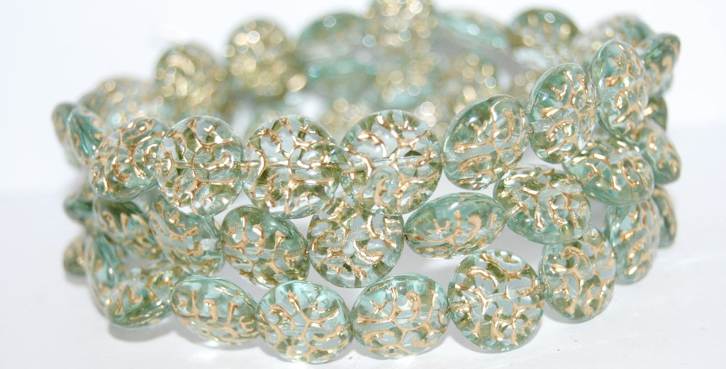 Lentil Round With Ornament Brain Pressed Glass Beads, Transparent Aqua 54202 (60010 54202), Glass, Czech Republic