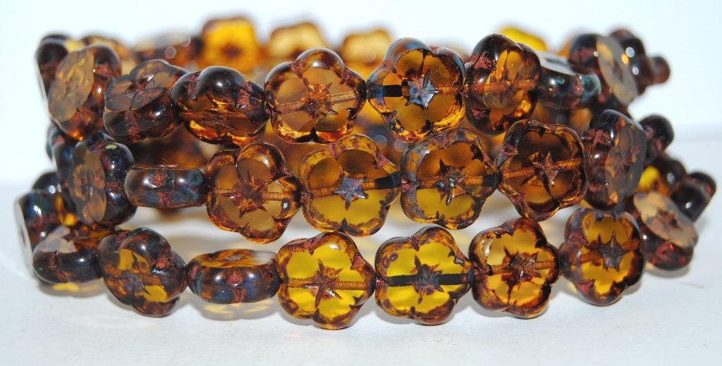 Table Cut Flower Beads, Transparent Orange Travertin (10060 86800), Glass, Czech Republic