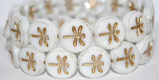 Round Flat Wit Dragonfly Pressed Glass Beads, White 54202 (2010 54202), Glass, Czech Republic