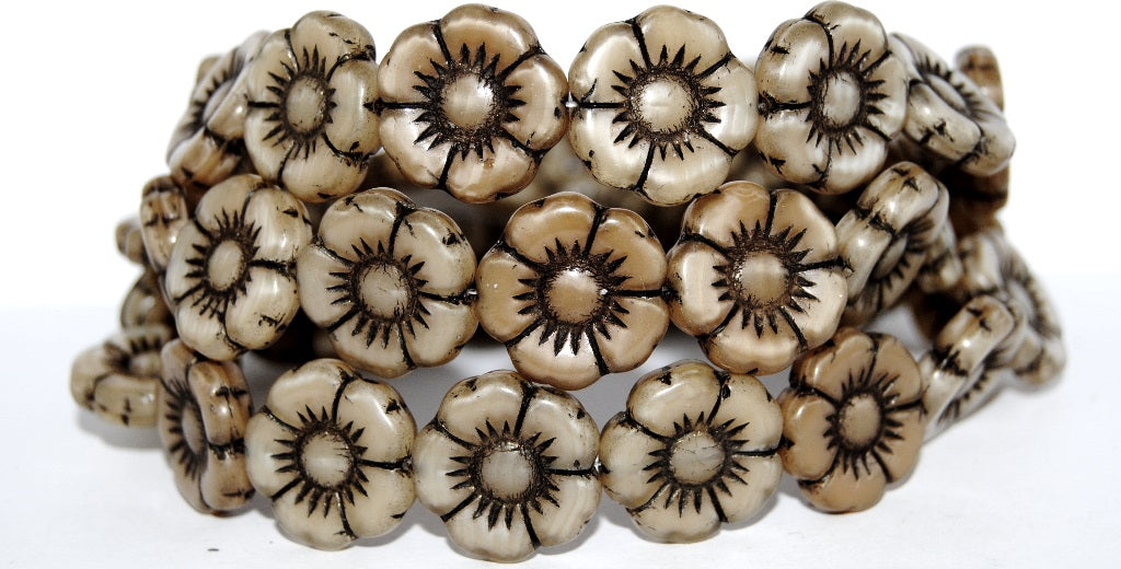 Round Flat Flower Pressed Glass Beads, (17006 23202), Glass, Czech Republic