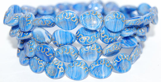 Tear Oval Pressed Glass Beads, Opaque White Blue Striped 54202 (35000 54202), Glass, Czech Republic