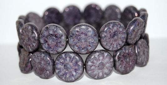 Flat Round With Flower Pressed Glass Beads, Purple (15726), Glass, Czech Republic