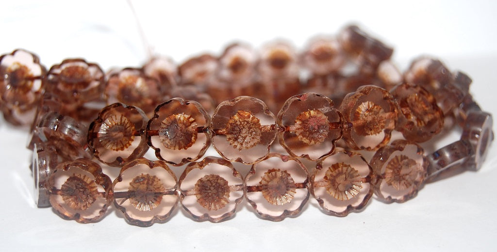 Table Cut Round Beads Hawaii Flowers, Transparent Pink Travertin (70120 86800), Glass, Czech Republic