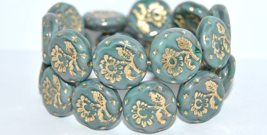 Round Flat With Flower Marguerite Pressed Glass Beads, (47603 54202), Glass, Czech Republic