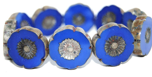 Table Cut Round Beads Hawaii Flowers, Opaque Blue Travertin (33040 86800), Glass, Czech Republic