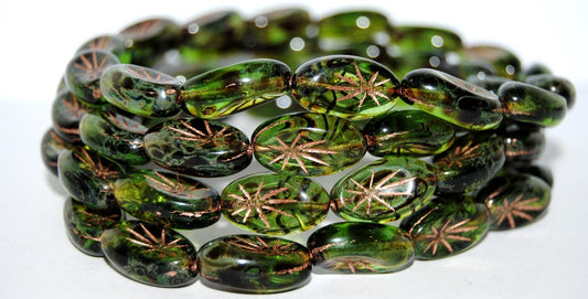 Oval With Rays Pressed Glass Beads, Transparent Green 8654200 (50130 8654200), Glass, Czech Republic