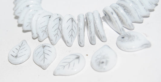 Leaf Pressed Glass Beads, White 54201 (2010 54201), Glass, Czech Republic