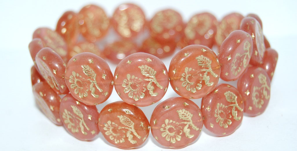 Round Flat With Flower Marguerite Pressed Glass Beads, Opal Pink 54202 (71010 54202), Glass, Czech Republic