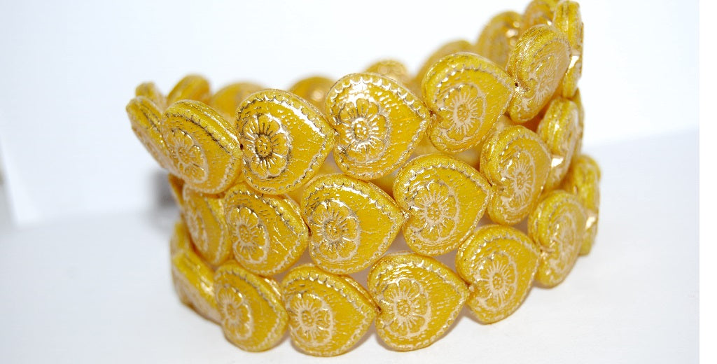 Heart With Flower Pressed Glass Beads, Opal Yellow 54202 (81210 54202), Glass, Czech Republic