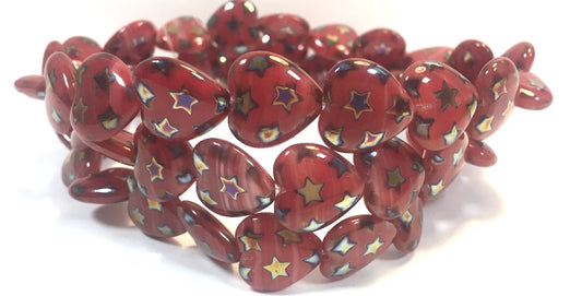 Heart Pressed Glass Beads, Green Purple Stars 2Xside (95000 Stars 2Xside), Glass, Czech Republic