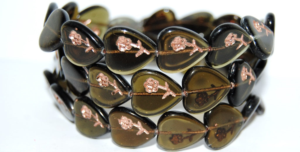 Heart Pressed Glass Beads With Flower, Transparent Green 54200 (50250 54200), Glass, Czech Republic