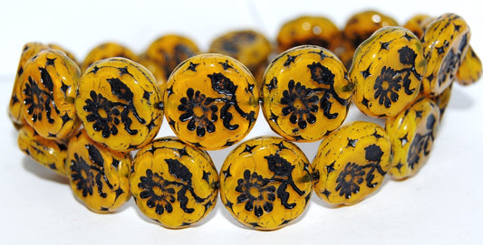 Round Flat With Flower Marguerite Pressed Glass Beads, Opal Yellow 46769 (81210 46769), Glass, Czech Republic