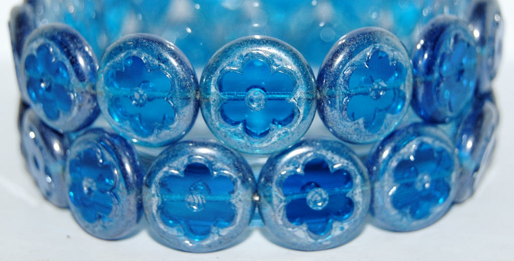 Table Cut Round Beads With Flower, Transparent Aqua Hematite (60050 14400), Glass, Czech Republic