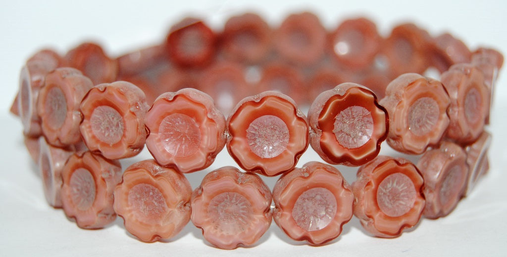 Table Cut Round Beads Hawaii Flowers, 77603 Luster Cream (77603 14401), Glass, Czech Republic