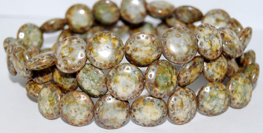 Flat Round Pressed Glass Beads With Ornament, Senegal Green (15657), Glass, Czech Republic